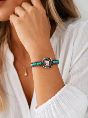 NWT Turquoise Beaded Leather Wrap Bracelet – Silver Tone Square Centre Boho Brac